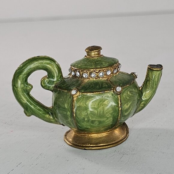 Miniature Green Teapot Candle Snuffer Rhinestone Accents Gold Trim Lead Enamel - Picture 3 of 9
